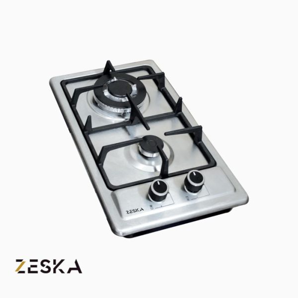 تصویر اجاق گاز توکار دو شعله استیل زسکا مدل S2 با طراحی شیک، صفحه استیل مقاوم در برابر حرارت و مناسب برای فضاهای کوچک آشپزخانه