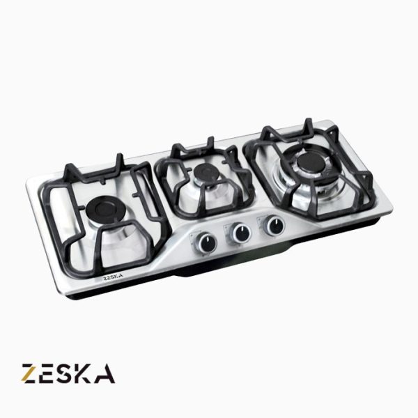 تصویر اجاق گاز توکار سه شعله استیل زسکا مدل S3 با طراحی مدرن، صفحه استیل مقاوم در برابر حرارت و مناسب برای آشپزخانه‌های کوچک و امروزی
