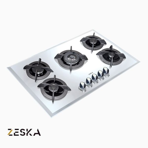تصویر اجاق گاز توکار 5 شعله شیشه ای زسکا مدل G28dw با طراحی مدرن، صفحه شیشه‌ای مقاوم در برابر حرارت و مناسب آشپزخانه‌های امروزی
