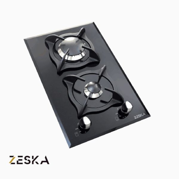 تصویر اجاق گاز توکار دو شعله شیشه ای زسکا مدل G2s با طراحی شیک و صفحه شیشه‌ای مقاوم در برابر حرارت، مناسب فضاهای کوچک آشپزخانه