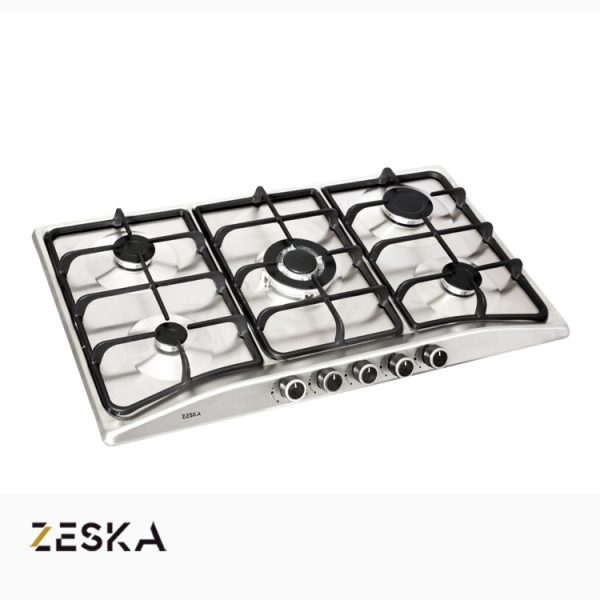 تصویر اجاق گاز توکار پنج شعله استیل زسکا مدل S13 با طراحی مدرن، صفحه استیل مقاوم در برابر حرارت و مناسب آشپزخانه‌های امروزی