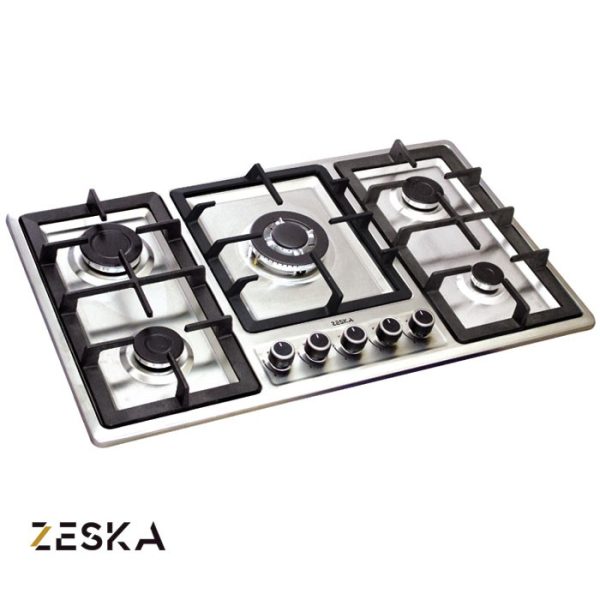 تصویر اجاق گاز توکار پنج شعله استیل زسکا مدل S14 با طراحی مدرن، صفحه استیل مقاوم در برابر حرارت و مناسب آشپزخانه‌های امروزی
