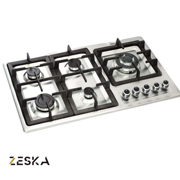 تصویر اجاق گاز توکار پنج شعله استیل زسکا مدل S15 با طراحی مدرن، صفحه استیل مقاوم در برابر حرارت و مناسب آشپزخانه‌های امروزی