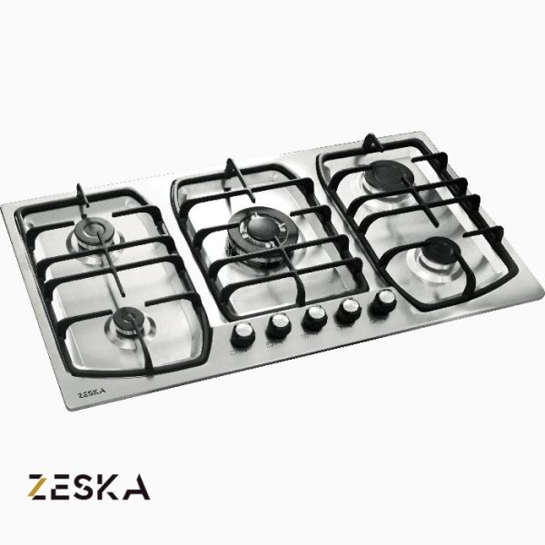 تصویر اجاق گاز توکار پنج شعله استیل زسکا مدل S18 با طراحی مدرن و صفحه استیل مقاوم در برابر حرارت، مناسب آشپزخانه‌های امروزی