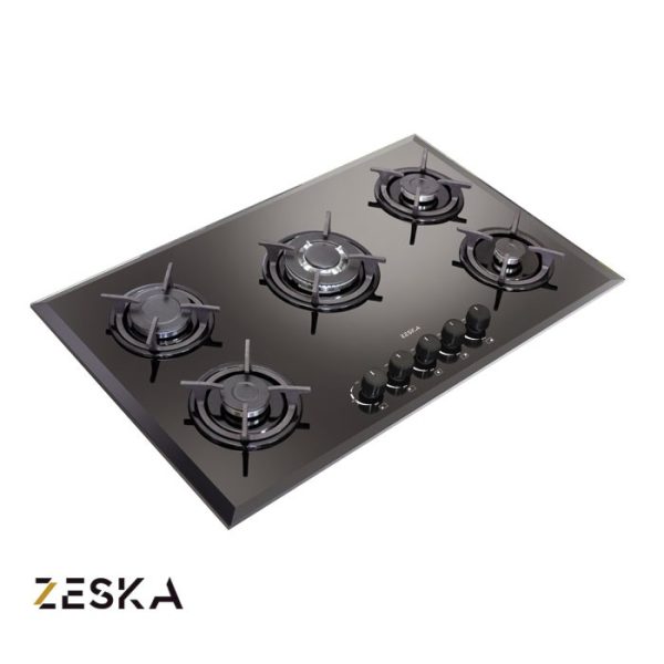 تصویر اجاق گاز توکار پنج شعله شیشه ای زسکا مدل G20 با طراحی مدرن، صفحه شیشه‌ای مقاوم در برابر حرارت و مناسب آشپزخانه‌های امروزی