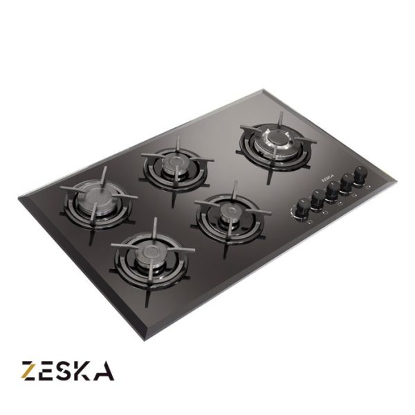 تصویر اجاق گاز توکار پنج شعله شیشه ای زسکا مدل G21 با طراحی مدرن، صفحه شیشه‌ای مقاوم در برابر حرارت و مناسب آشپزخانه‌های امروزی