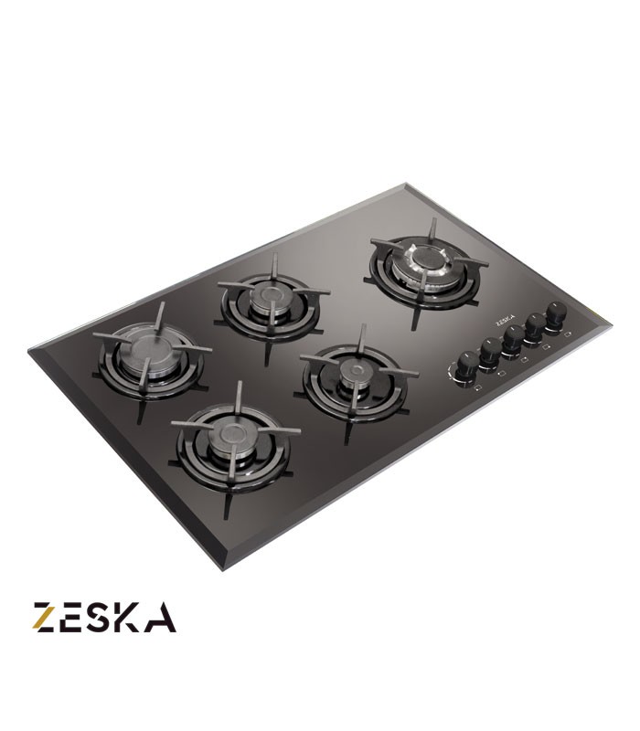 اجاق گاز توکار 5 شعله شیشه ای زسکا مدل G21 تصویر اجاق گاز توکار پنج شعله شیشه ای زسکا مدل G21 با طراحی مدرن، صفحه شیشهای مقاوم در برابر حرارت و مناسب آشپزخانههای امروزی