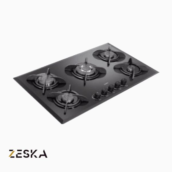 تصویر اجاق گاز توکار پنج شعله شیشه ای زسکا مدل G22 با طراحی مدرن و صفحه شیشه‌ای مقاوم در برابر حرارت، مناسب آشپزخانه‌های امروزی