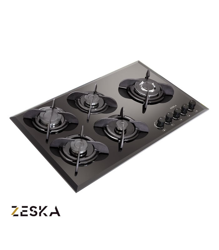 اجاق گاز توکار 5 شعله شیشه ای زسکا مدل G23 تصویر اجاق گاز توکار پنج شعله شیشه ای زسکا مدل G23 با طراحی مدرن، صفحه شیشهای مقاوم در برابر حرارت و مناسب آشپزخانههای امروزی