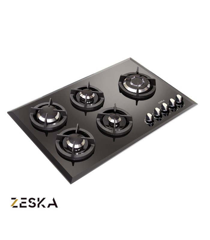 اجاق گاز توکار 5 شعله شیشه ای زسکا مدل G25s تصویر اجاق گاز توکار پنج شعله شیشه ای زسکا مدل G25s با طراحی مدرن، صفحه شیشهای مقاوم در برابر حرارت و مناسب دکوراسیون آشپزخانههای امروزی