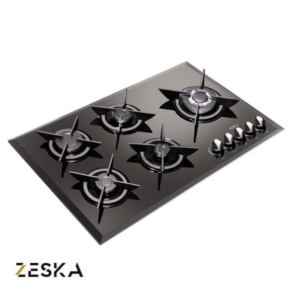 تصویر اجاق گاز توکار پنج شعله شیشه ای زسکا مدل G27 با طراحی مدرن، صفحه شیشه‌ای مقاوم در برابر حرارت و مناسب آشپزخانه‌های امروزی