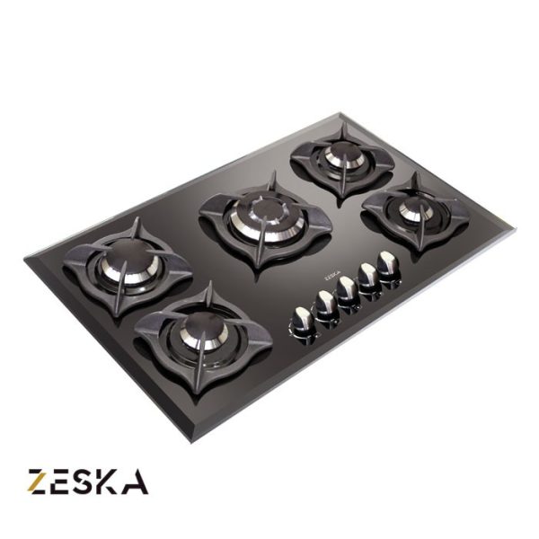 تصویر اجاق گاز توکار پنج شعله شیشه ای زسکا مدل G30s با طراحی زیبا، صفحه شیشه‌ای مقاوم در برابر حرارت و مناسب برای آشپزخانه‌های مدرن