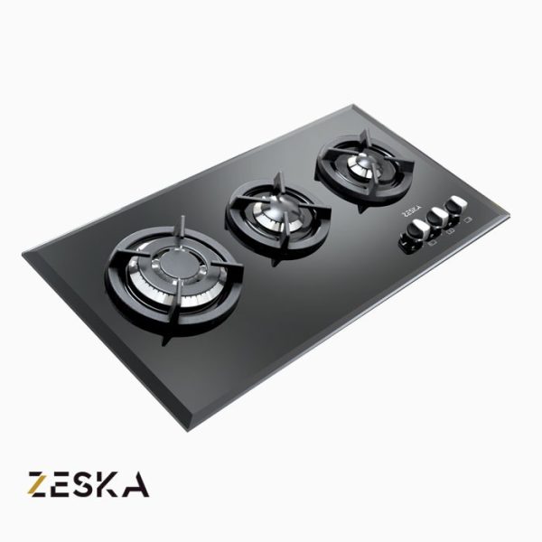 تصویر اجاق گاز توکار سه شعله شیشه ای زسکا مدل G33s با طراحی مدرن و صفحه شیشه‌ای مقاوم در برابر حرارت، مناسب آشپزخانه‌های امروزی