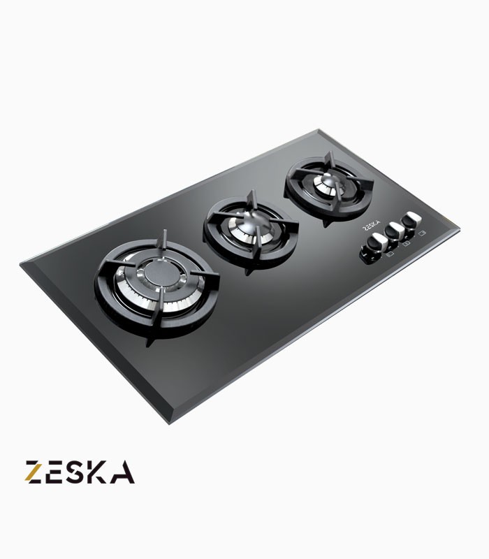 اجاق گاز توکار 3 شعله شیشه ای زسکا مدل G33s تصویر اجاق گاز توکار سه شعله شیشه ای زسکا مدل G33s با طراحی مدرن و صفحه شیشهای مقاوم در برابر حرارت، مناسب آشپزخانههای امروزی