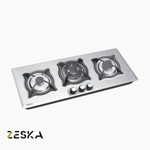 تصویر اجاق گاز توکار سه شعله استیل زسکا مدل S32 با طراحی مدرن و صفحه استیل مقاوم در برابر حرارت، مناسب آشپزخانه‌های امروزی
