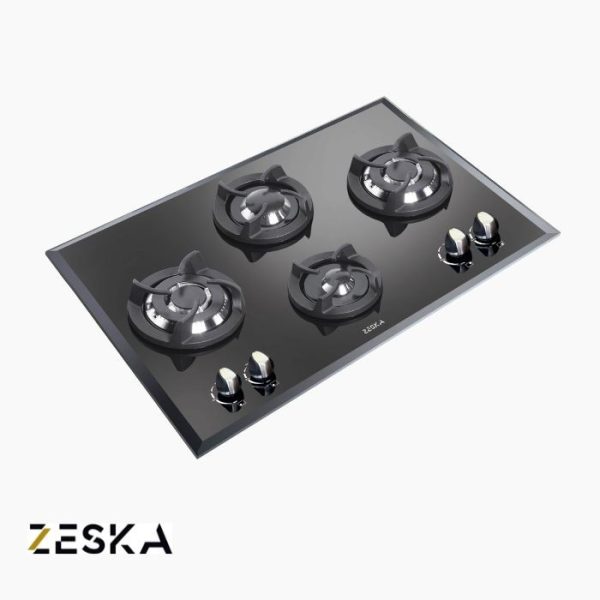 تصویر اجاق گاز توکار چهار شعله شیشه ای زسکا مدل G45s با طراحی مدرن و صفحه شیشه‌ای مقاوم در برابر حرارت، مناسب آشپزخانه‌های امروزی