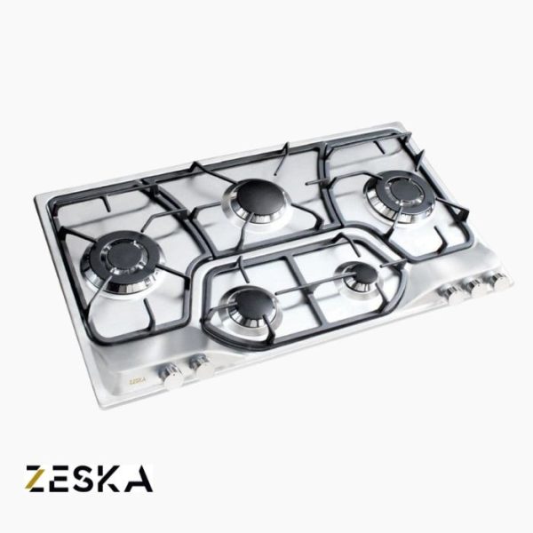 تصویر اجاق گاز توکار پنج شعله استیل زسکا مدل S50s با طراحی مدرن و صفحه استیل مقاوم در برابر حرارت، مناسب آشپزخانه‌های امروزی