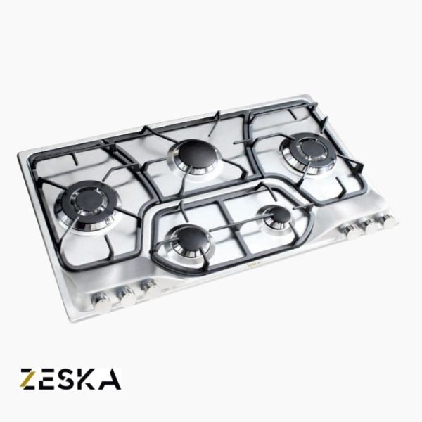 تصویر اجاق گاز توکار پنج شعله استیل زسکا مدل S50st با طراحی مدرن و صفحه استیل مقاوم در برابر حرارت، مناسب آشپزخانه‌های امروزی