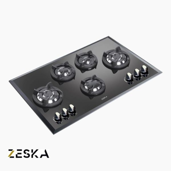 تصویر اجاق گاز توکار پنج شعله شیشه ای زسکا مدل G36s با طراحی مدرن و صفحه شیشه‌ای مقاوم در برابر حرارت، مناسب آشپزخانه‌های امروزی