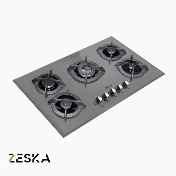 تصویر اجاق گاز توکار پنج شعله شیشه ای زسکا مدل G28dg با طراحی مدرن و صفحه شیشه ای مقاوم