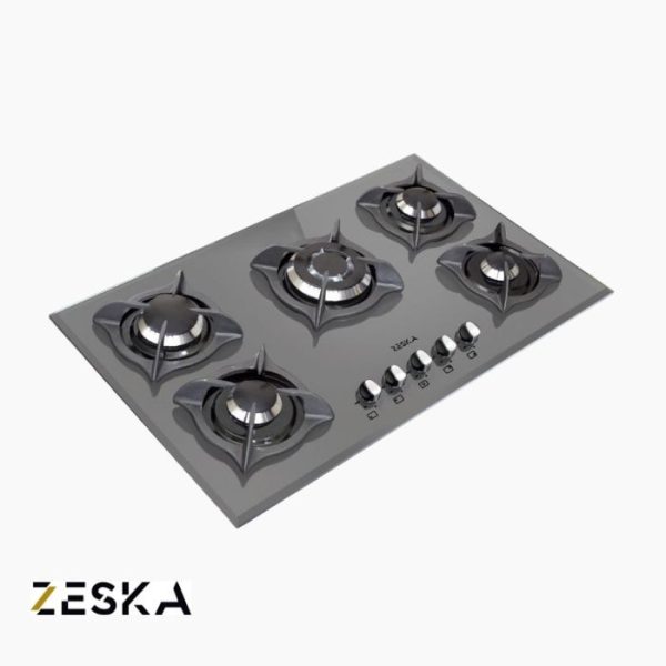 تصویر اجاق گاز توکار پنج شعله شیشه ای زسکا مدل G30sg با طراحی مدرن و صفحه مقاوم در برابر حرارت