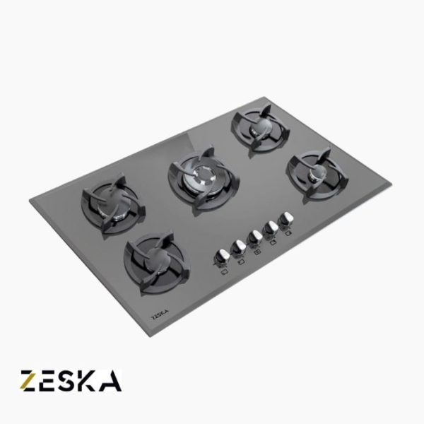 تصویر اجاق گاز توکار پنج شعله شیشه ای زسکا مدل G34dg با طراحی شیک و صفحه شیشه ای مشکی مقاوم در برابر حرارت
